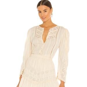 LOVESHACKFANCY Broadway Lace Inset Peasant Blouse Ivory XS